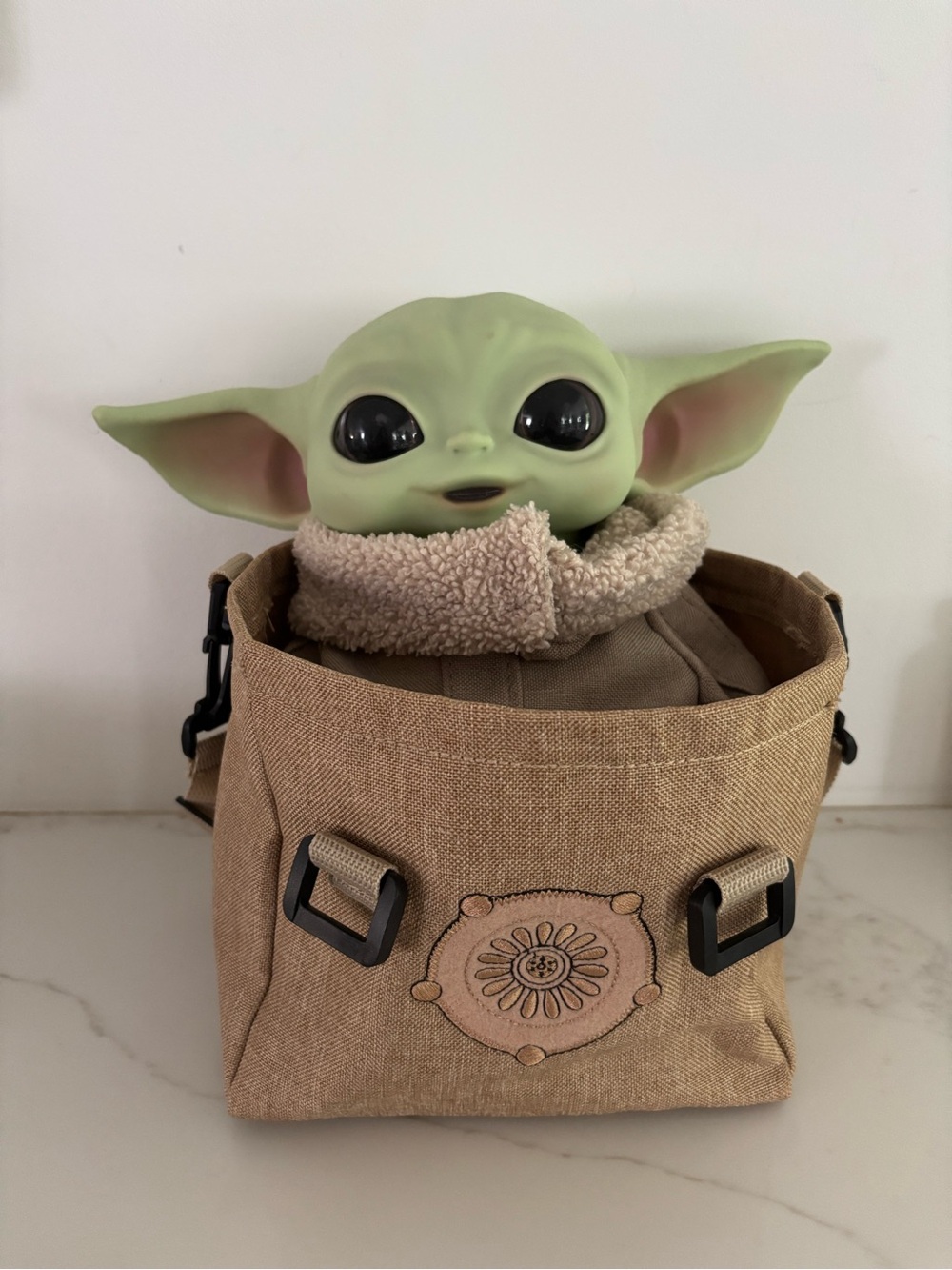 Grogu Plush in Tan Canvas Carrier
